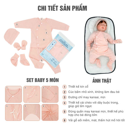 Set quần áo sơ sinh 5 món Comfybaby CF1020-SET5 chất modal làm từ sợi cây sồi siêu mềm và thoáng khí kháng khuẩn màu trắng