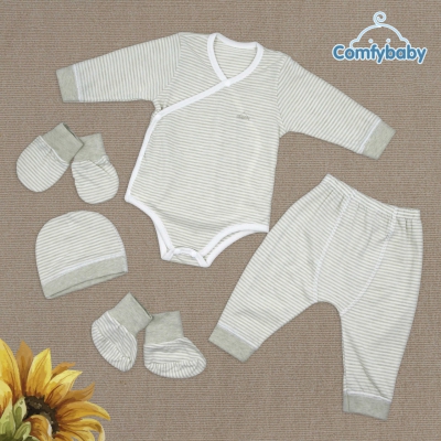 Set Bodysuit sơ sinh 5 món (quần áo dài, bao tay chân, mũ) kẻ sọc 100% Cotton CF0721-BODY-SET5 Comfybaby ( loại mỏng)