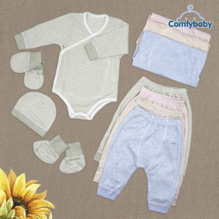 Set Bodysuit sơ sinh 5 món (quần áo dài, bao tay chân, mũ) kẻ sọc 100% Cotton CF0721-BODY-SET5 Comfybaby ( loại mỏng)