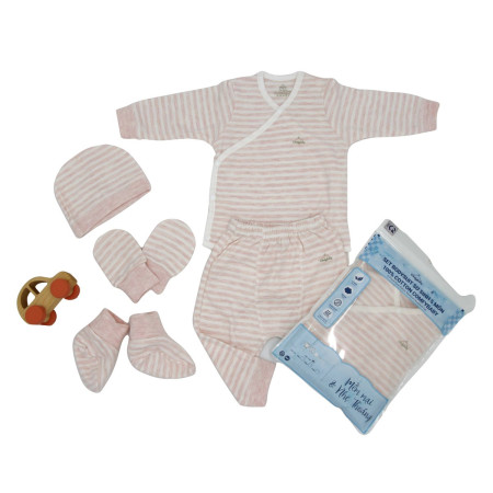 Set Bodysuit sơ sinh 5 món ComfyBaby CF1020-BODY-03M (quần áo dài, bao tay chân, mũ) 100% Cotton kẻ sọc màu hồng