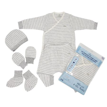 Set Bodysuit sơ sinh 5 món ComfyBaby CF1020-BODY-03M (quần áo dài, bao tay chân, mũ) 100% Cotton kẻ sọc màu ghi