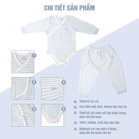 Set quần áo Bodysuit cài chéo giữ ấm ngực kèm quần rời Comfybaby CF1020-BODY 100% Cotton dày dặn cho bé từ 3 tháng đến 12 tháng kẻ sọc ghi